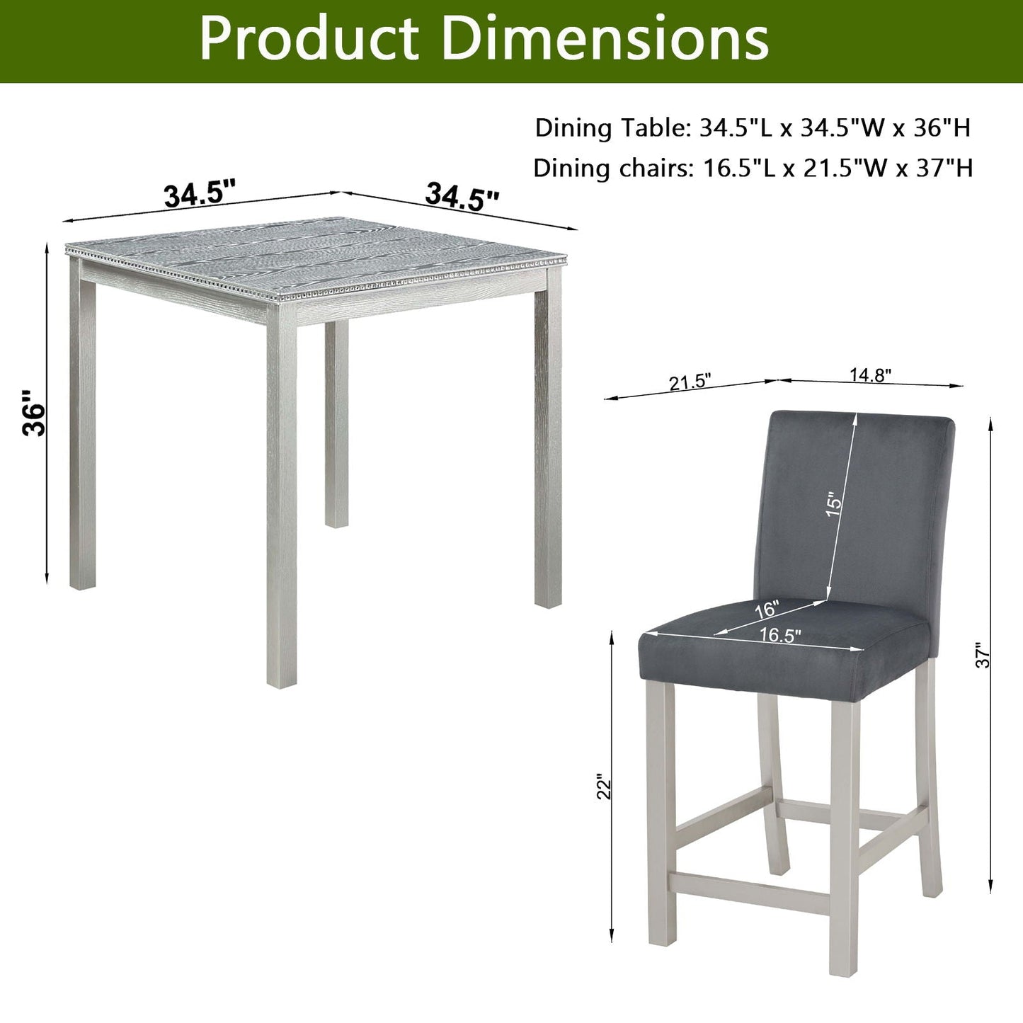 5 Pieces Counter Height Table Set, Kitchen Table With Square Table And 4 Upholstered Chairs