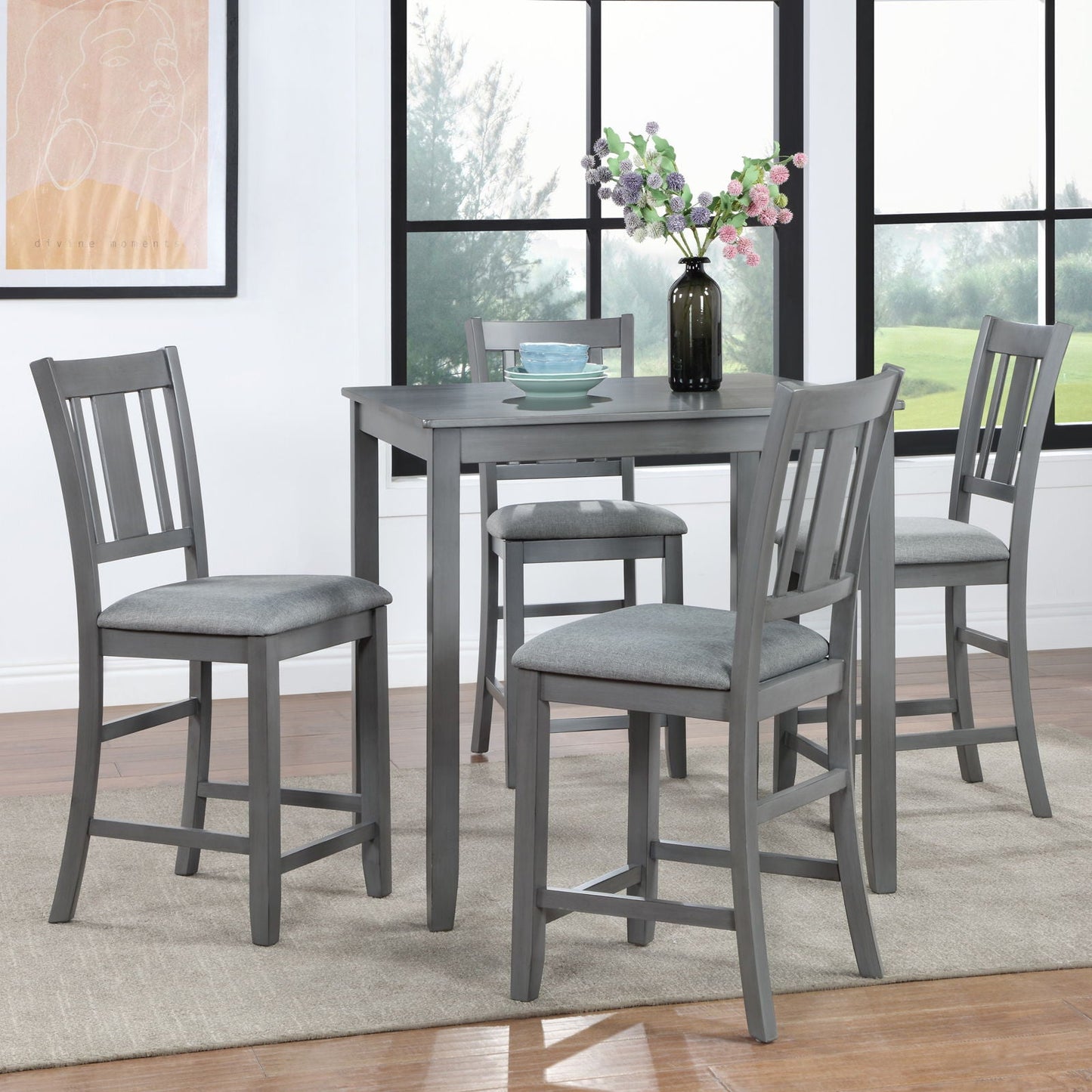 5 Pieces Dining Table Set, Counter Height Kitchen Table Set With Square Table And 4 Upholstered Chairs