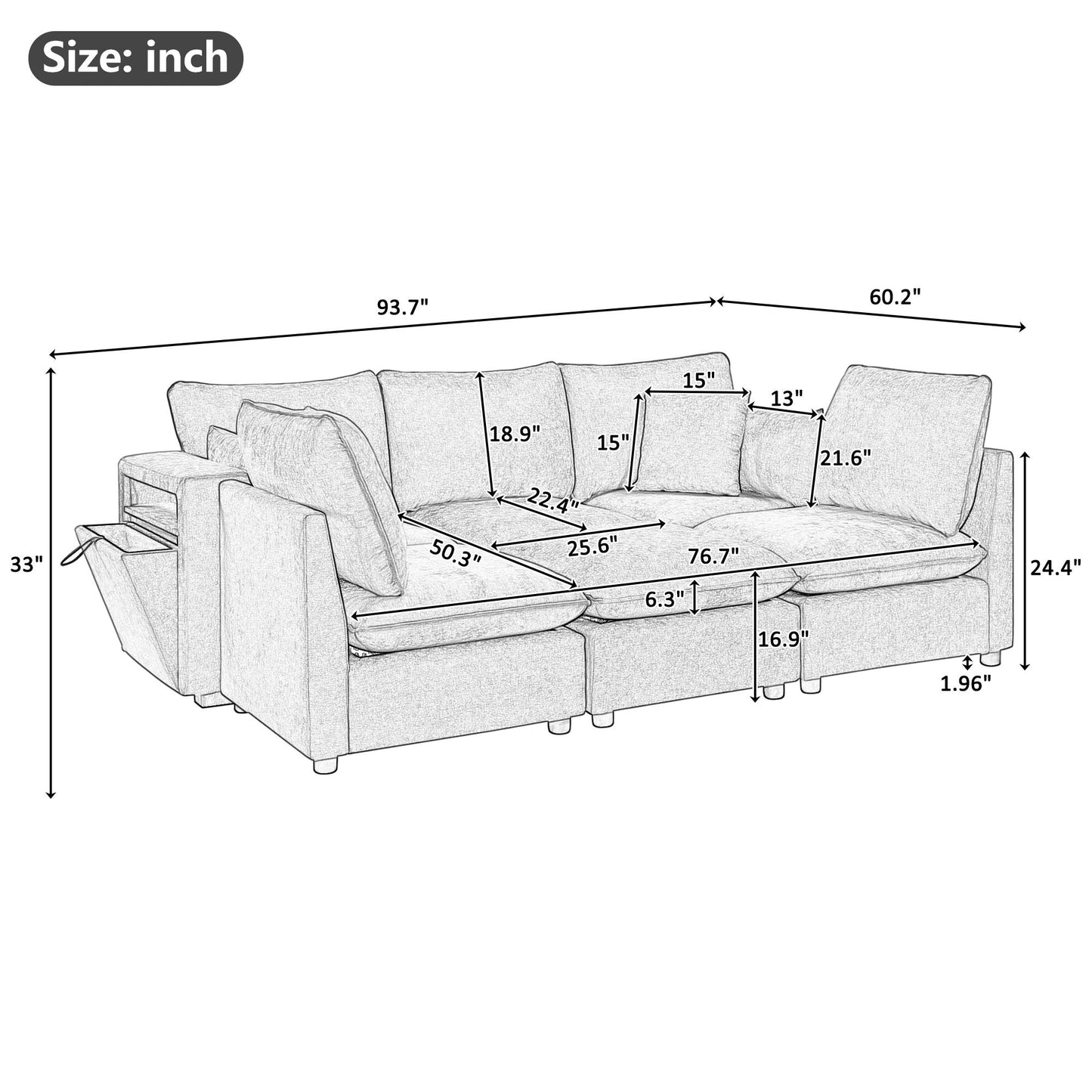 Modern Sectional Sofa U-Shaped With Movable Ottoman Storage Armrests And USB Ports