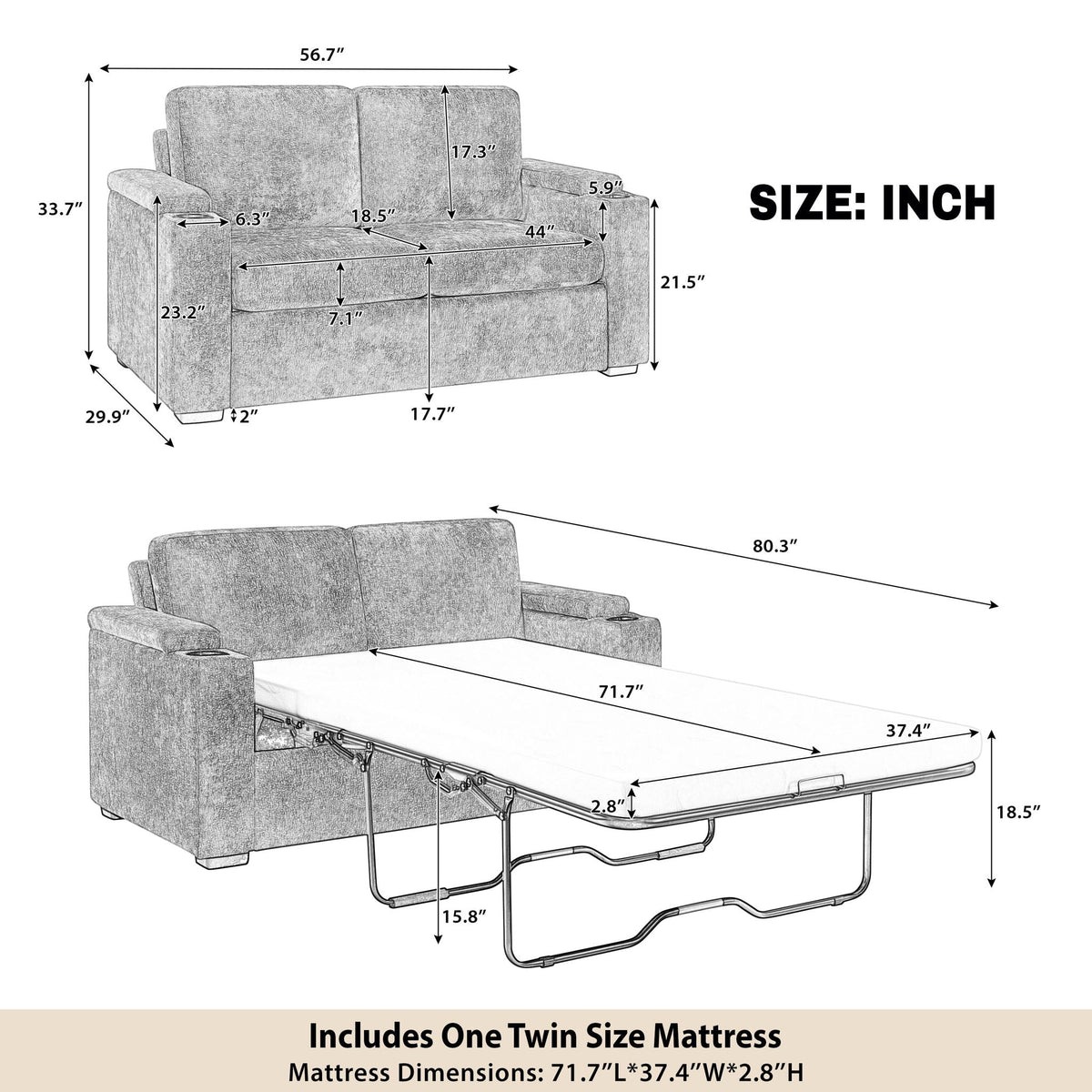 Pull Out Sofa Bed Loveseat With Twin Mattress, Cup Holders And Arm Storage
