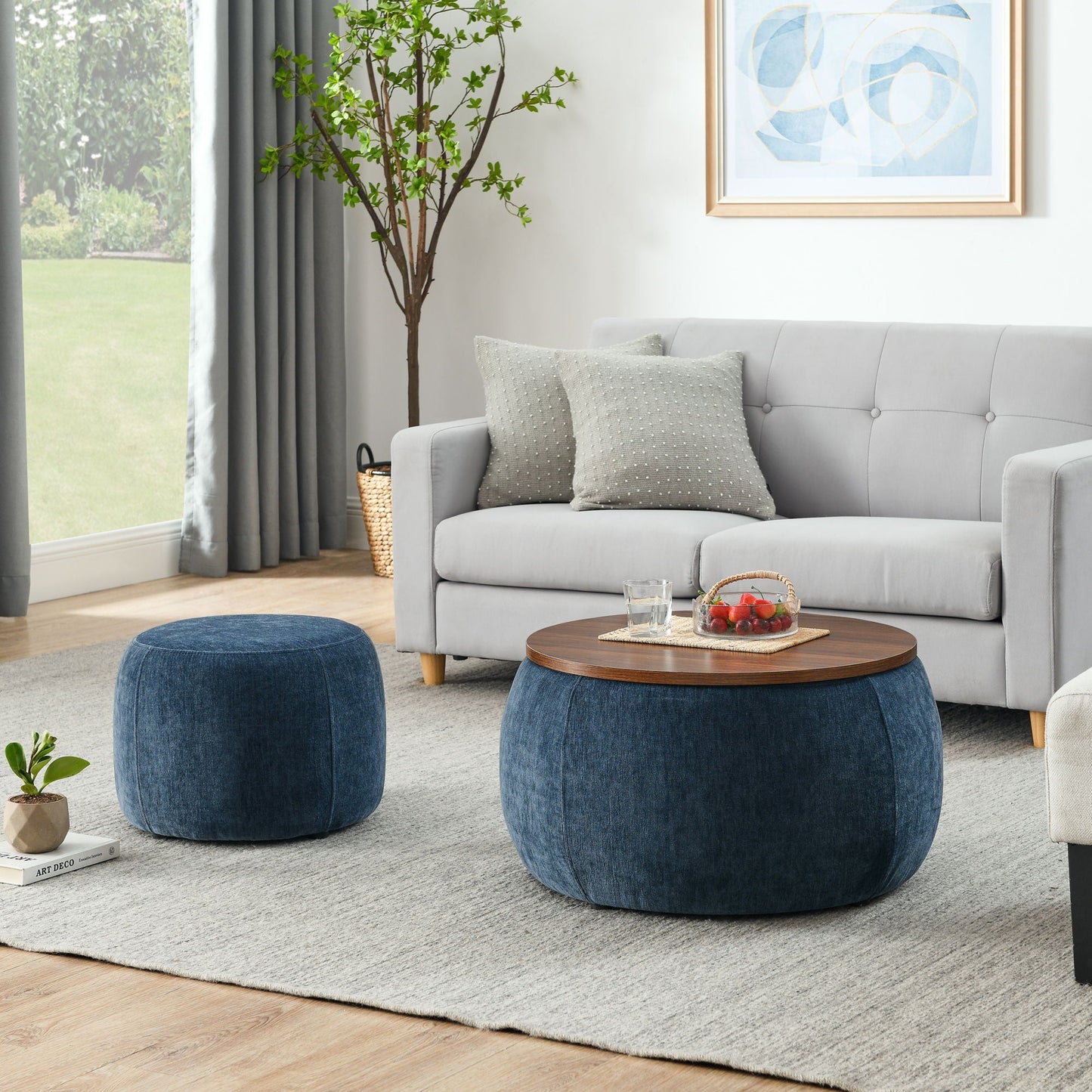 Round Storage Ottoman, 2 In 1 Function, End Table And Ottoman
