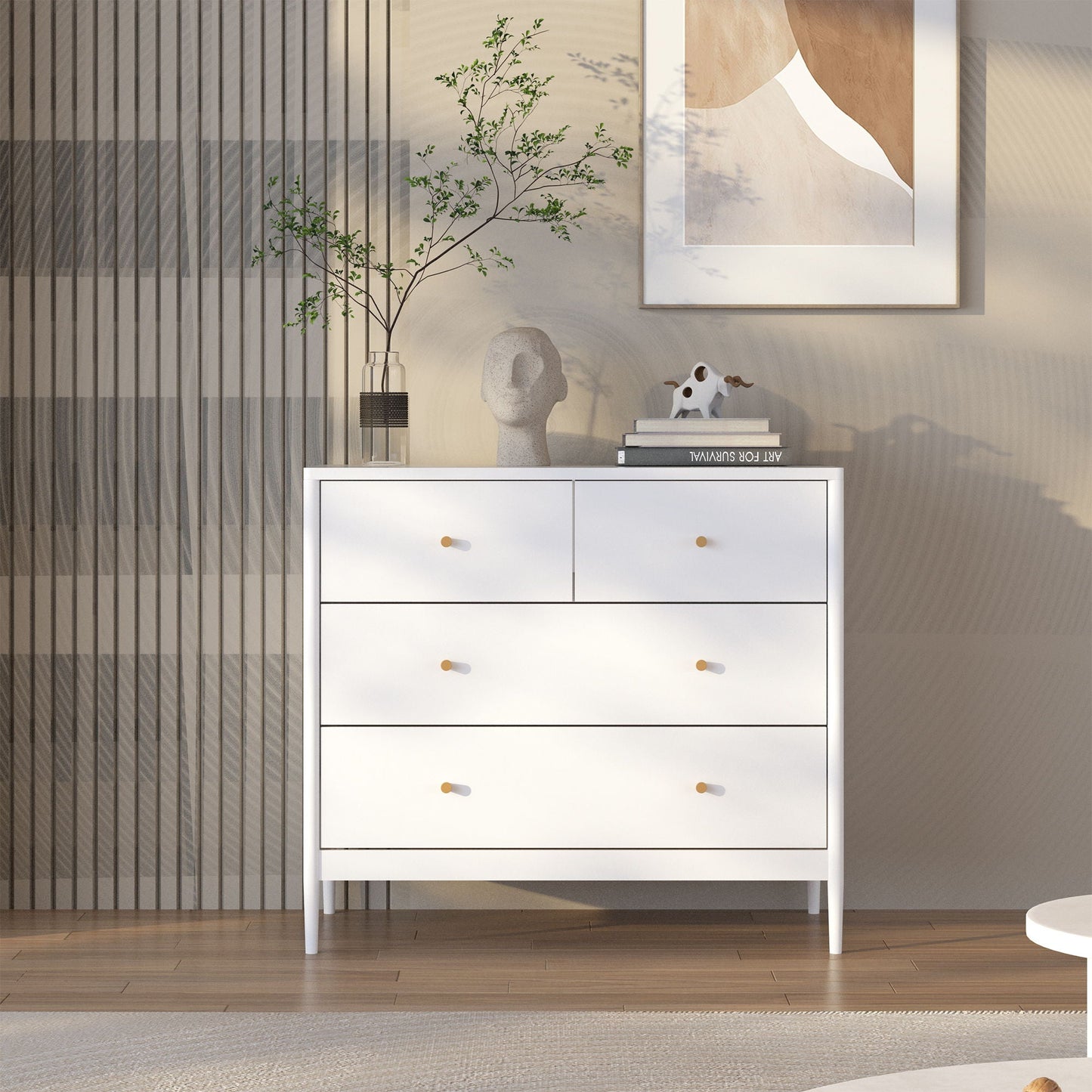 4 Drawer Kids Dresser With Antique Brass Pulls - White
