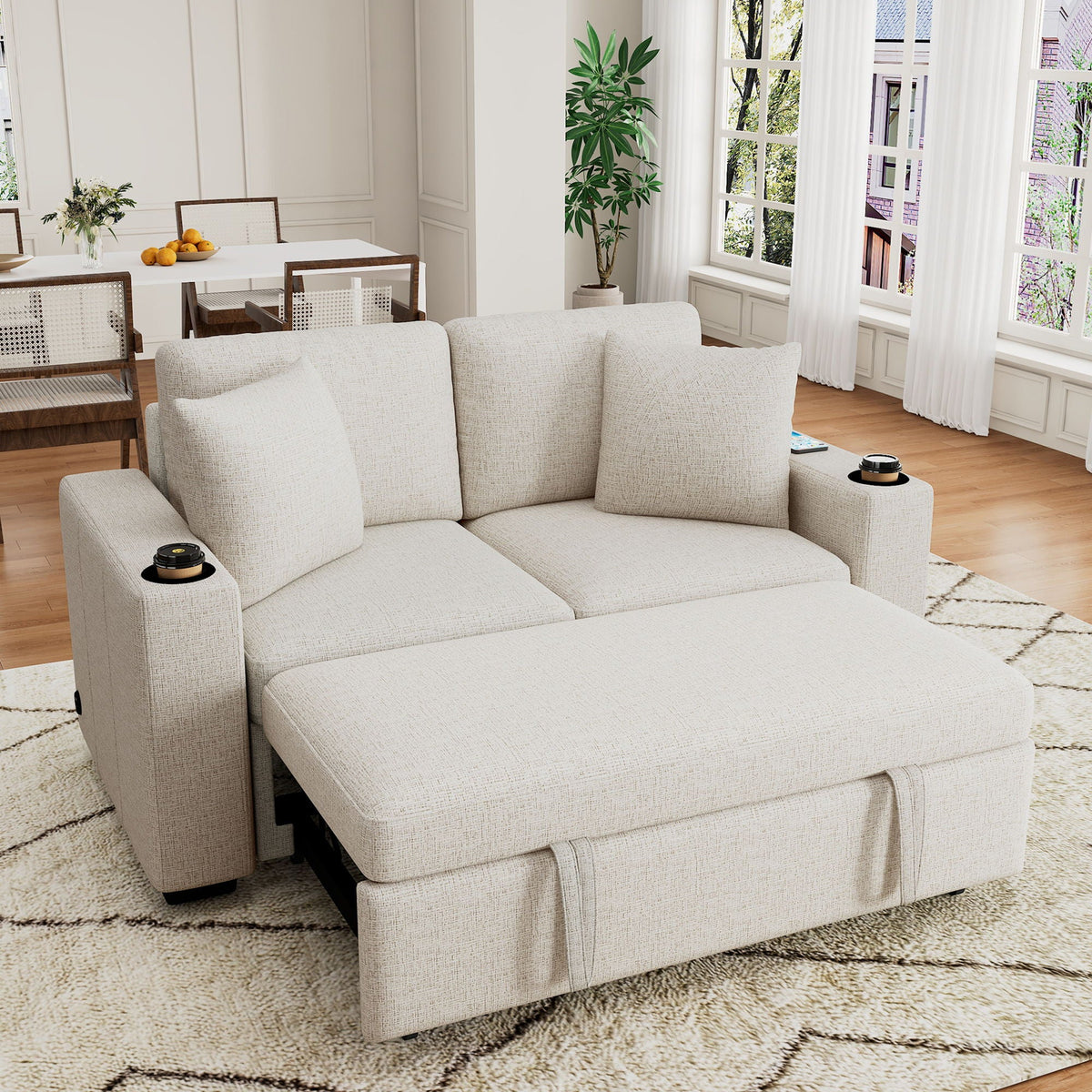 Modern 2 Seater Loveseat Sofa With Pull-Out Bed, Fabric, Built-In USB Ports & Cup Holders