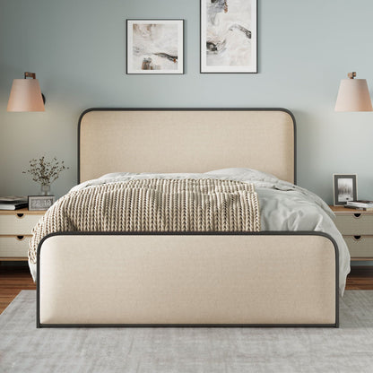Modern Bed With Curved Upholstered Headboard And Footboard, Heavy Duty Metal Slats