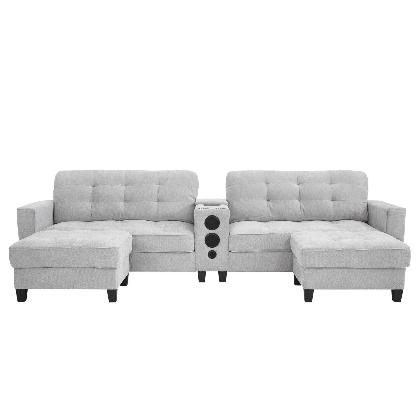Modern Sectional Sofa U-Shaped With Movable Ottomans, Bluetooth Speakers, LED Lights And Modular Storage