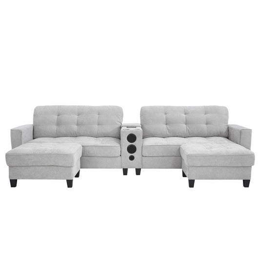 Modern Sectional Sofa U-Shaped With Movable Ottomans, Bluetooth Speakers, LED Lights And Modular Storage