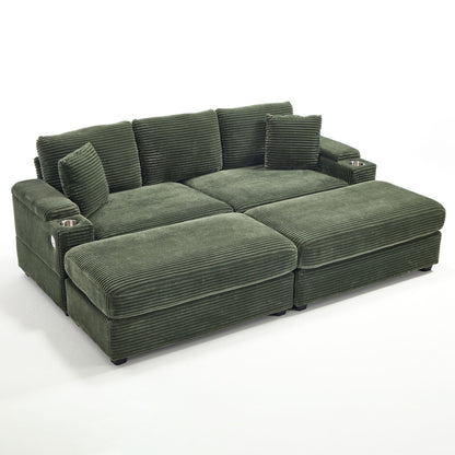 Convertible Sectional Sofa Bed Set With Armrest Storage, Cup Holder, USB, 4 Seater - Green