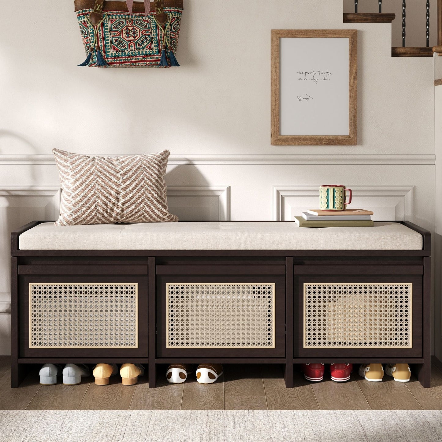 Entryway Shoe Bench With Drawers & Button Tufted Cushion