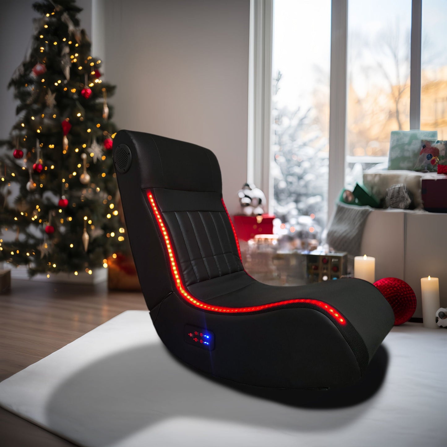 Foldable Gaming Chair With Onboard Speakers, LED Strip Lighting, Bluetooth, Vibration Massage, USB Charging Port - Black