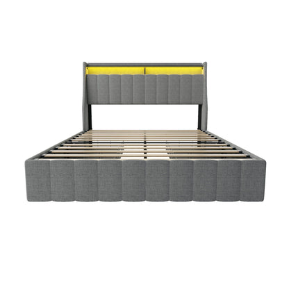 Bed With LED Lights, 4 Drawers, Winged Headboard Upholstered