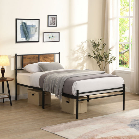 ModerMetal Bedframe With Wood Panel Headboard