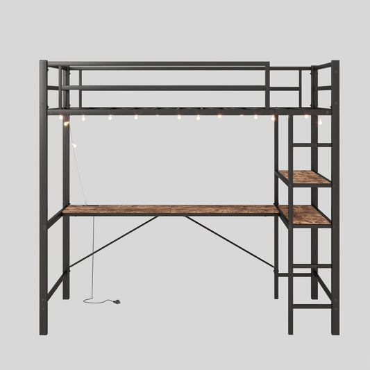 Space Saving Twin Size Loft Bed With L Shaped Desk, Shelves, Charging Station, Led Lights - Brown