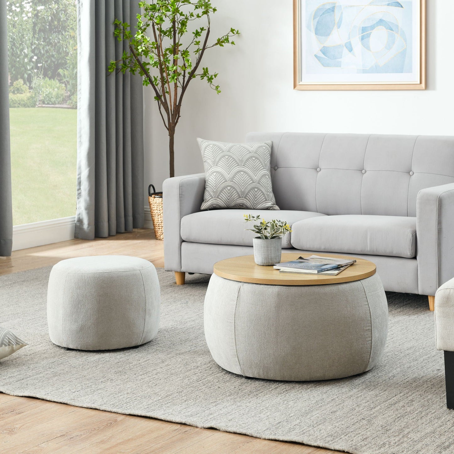 Round Storage Ottoman, 2 In 1 Function, End Table And Ottoman