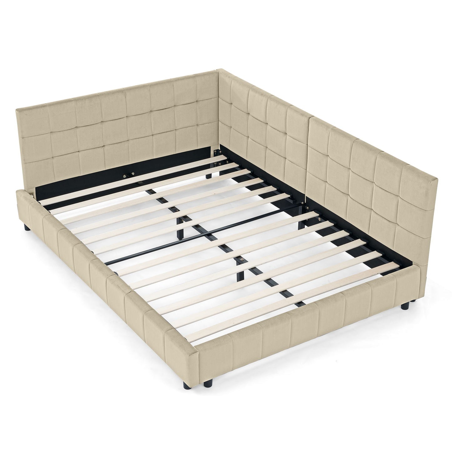 Mid-Century Storage Upholstered Tufted Bed Frame With Backrest And Armrests