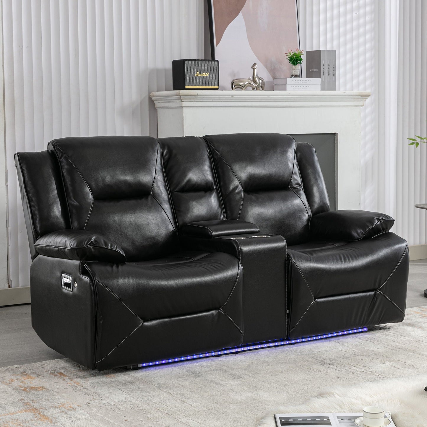 2 Seater Home Theater Recliner Manual Recliner Chair With A LED Light Strip Two Cup Holders And A Storage Box For Living Room