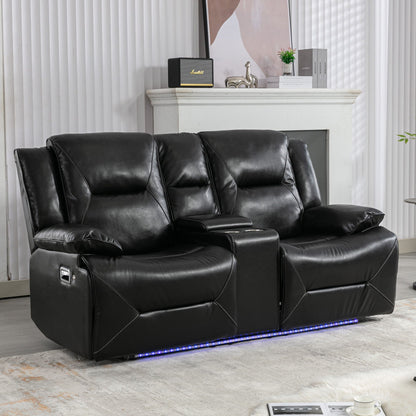 2 Seater Home Theater Recliner Manual Recliner Chair With A LED Light Strip Two Cup Holders And A Storage Box For Living Room