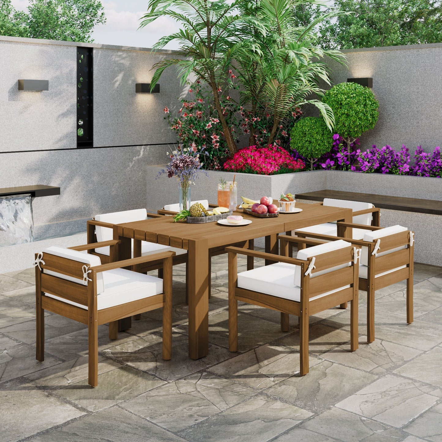 Rustic Patio Dining Set For 6 With Removable Cushions