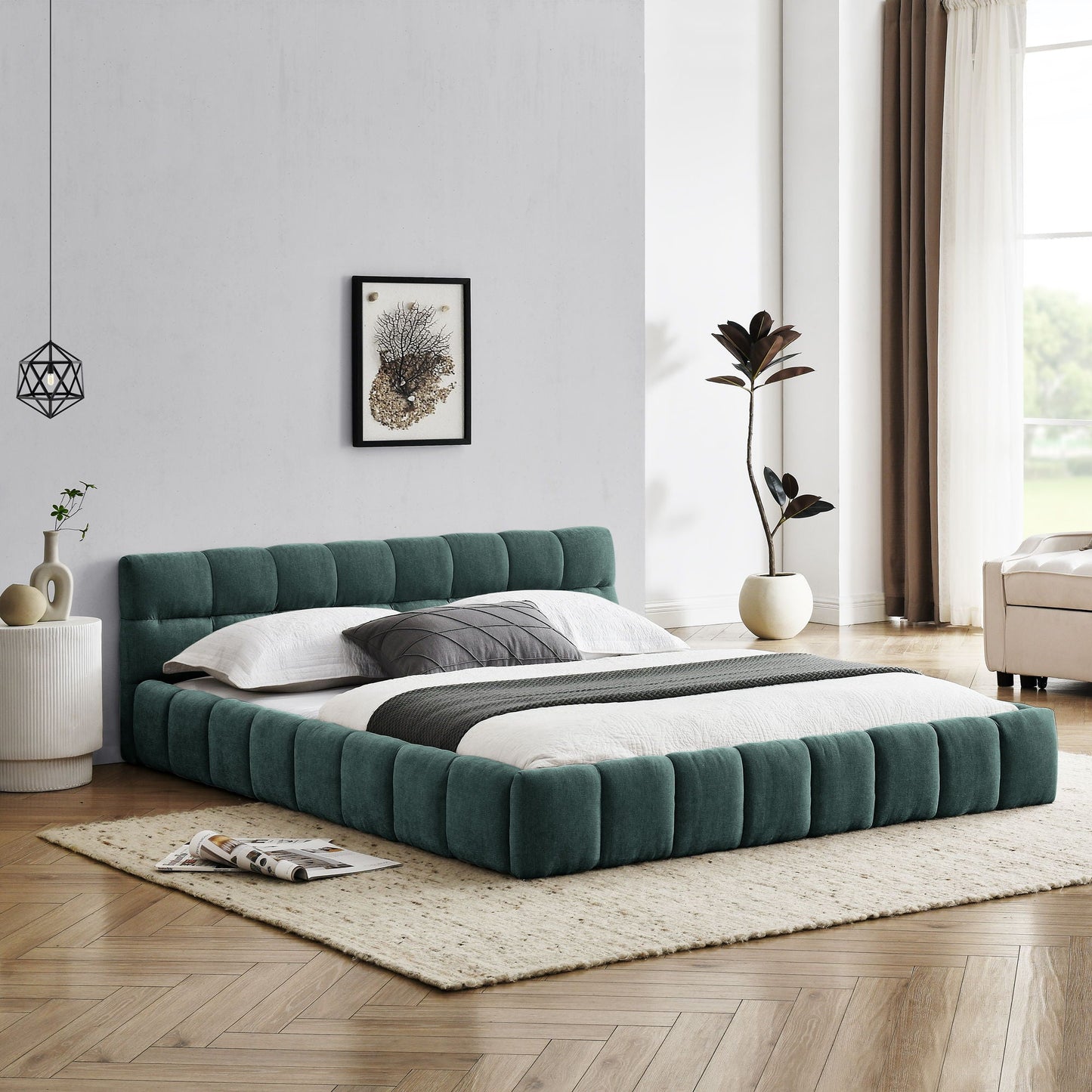 Modern Platform Bed Frame With Thick Fabric