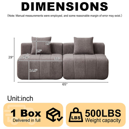 Modular Sectional Sofa With 2 Pillows, Symmetrical Design
