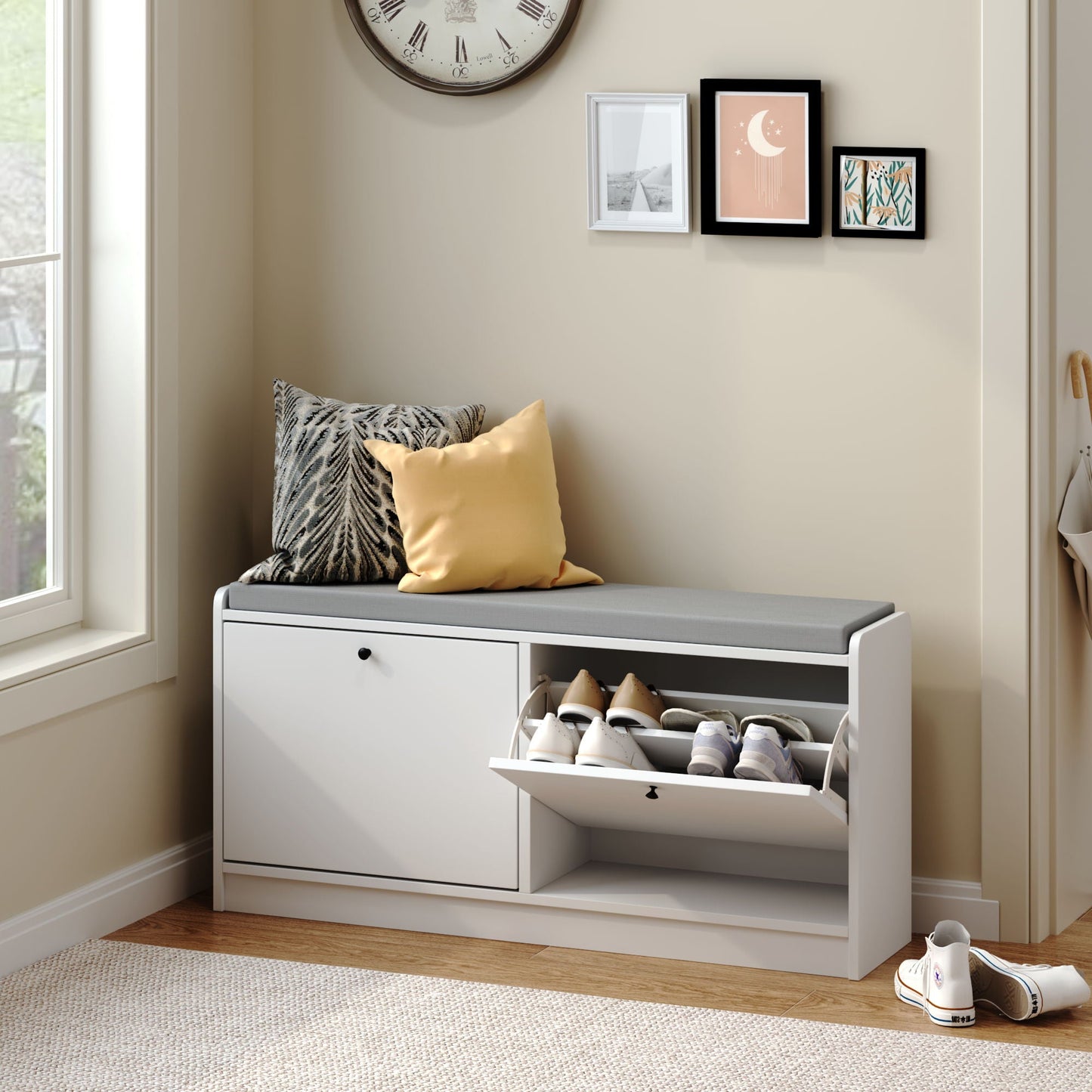Shoe Storage Bench With Cushion, Entryway Organizer Cabinet For Hallway - White
