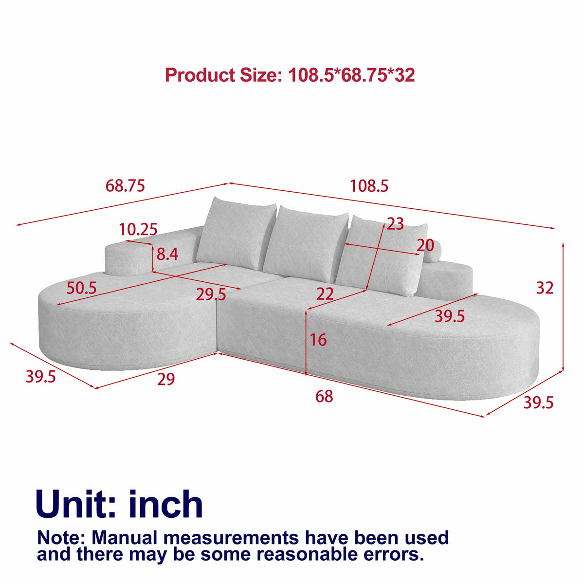 Modern Curved Sofa, L-Shaped Modular Sectional Set With 3 Pillows