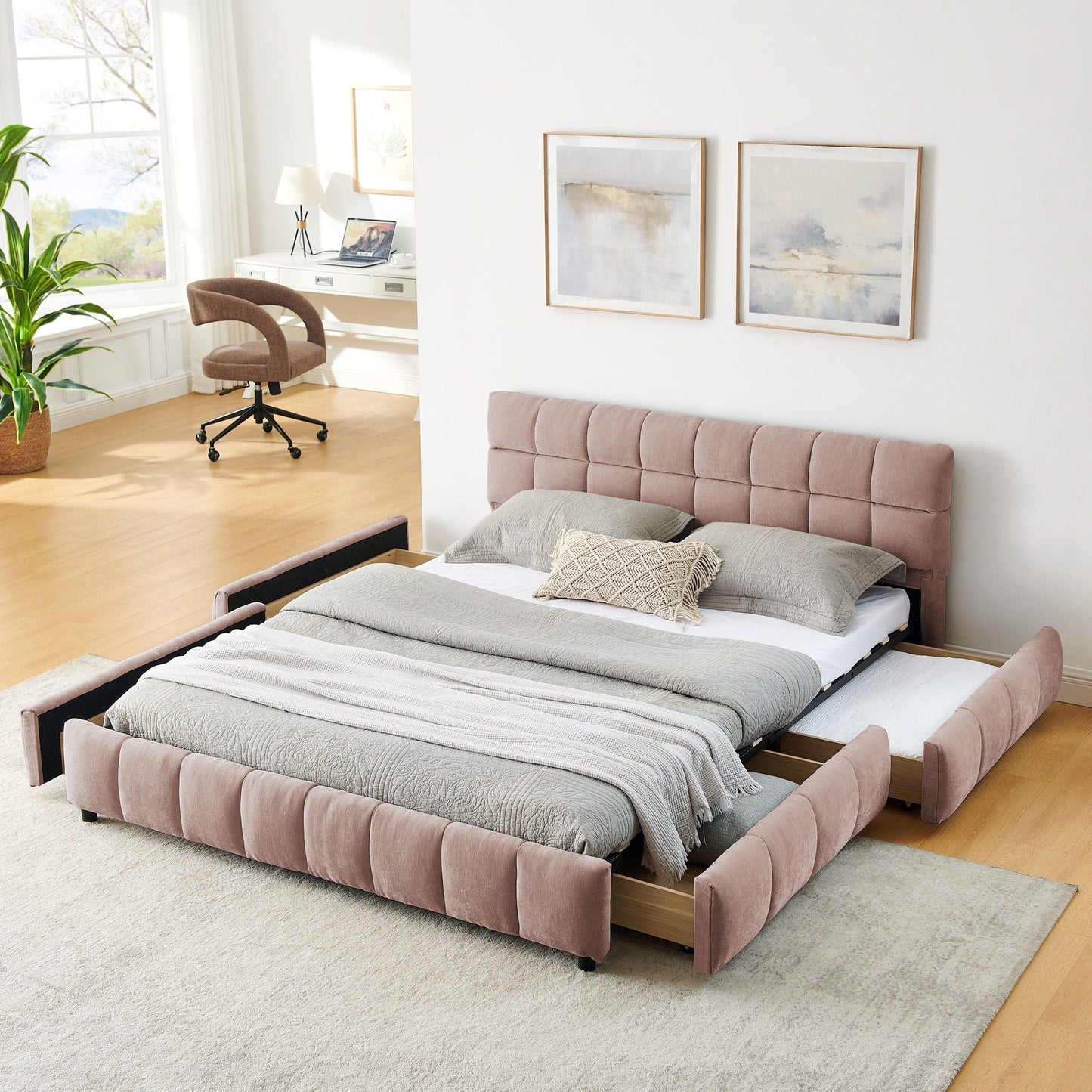 Modern Platform Bed Frame With Thick Chenille Fabric