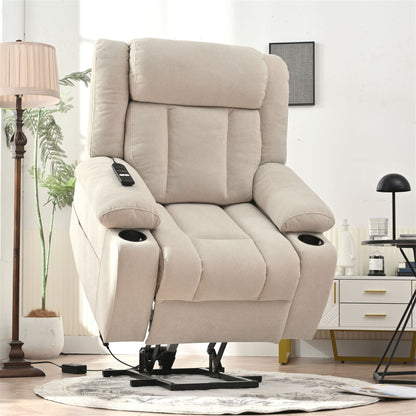 Power Lift Recliner Chair With Extended Footrest, Remote Control, Cup Holders, And Side Pockets
