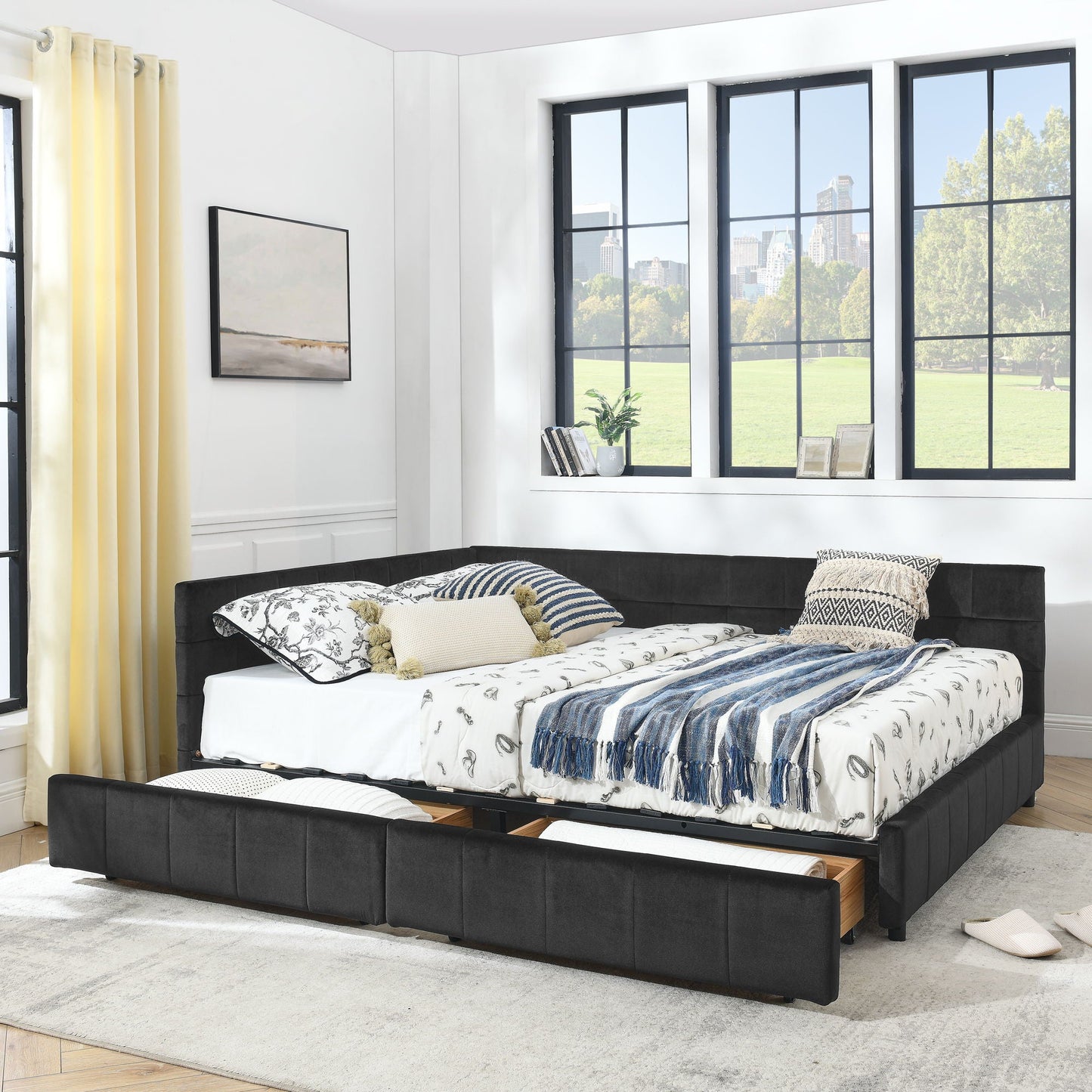 Mid-Century Storage Upholstered Tufted Bed Frame With Backrest And Armrests