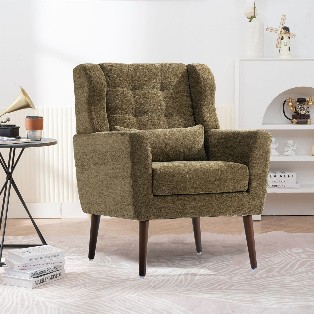 Modern Accent Chair, Arm Chairs For Living Room, Upholstered Mordern Armchair, Comfy Soft Padded Lounge Chair In Small Space, Bedroom, With Pillow, Solid Wood Leg