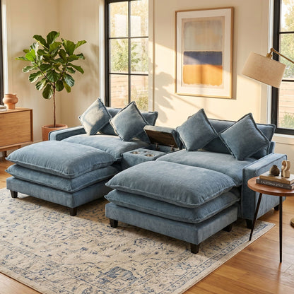 Modern Sectional Sofa With Removable Ottomans, USB Ports