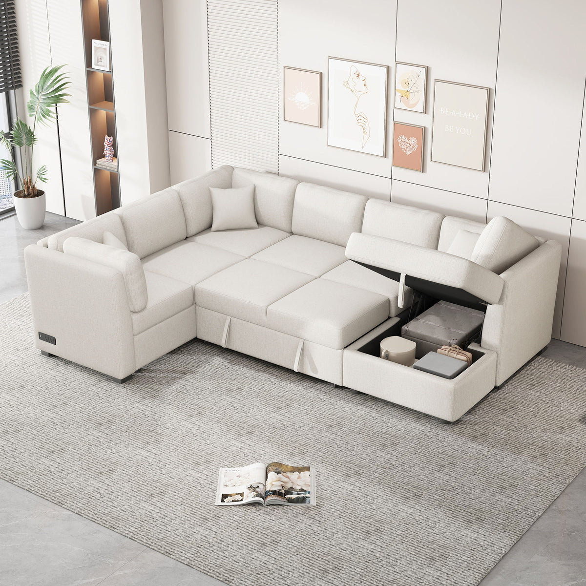 U-Shaped Sectional Sofa Pull Out Sofa Bed With Two USB Ports, Two Power Sockets, Three Back Pillows And A Storage Chaise For Living Room