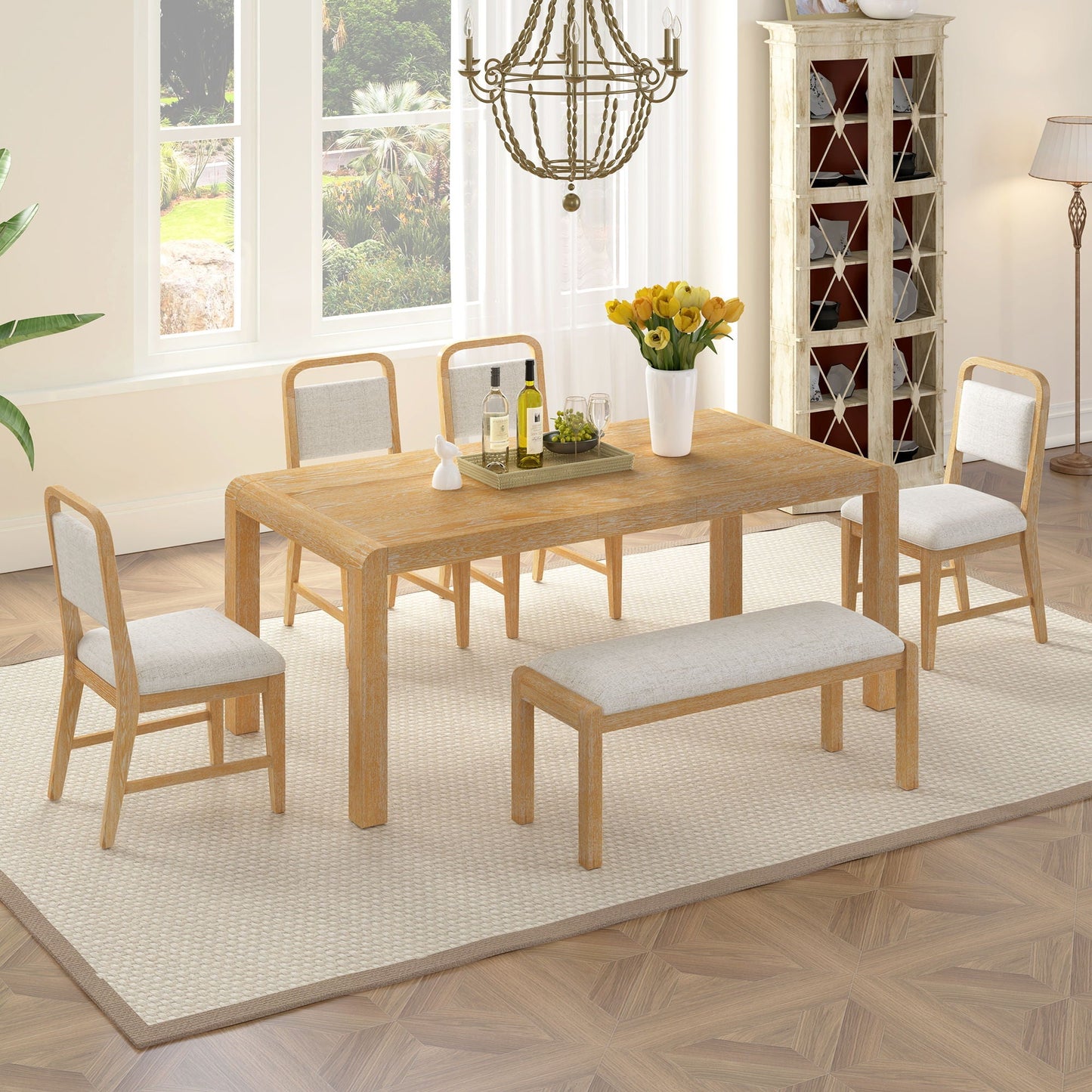 Extendable Dining Table Set With 4 Upholstered Chairs And 1 Bench