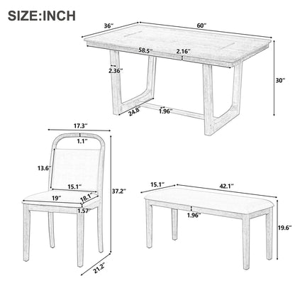 Farmhouse Dining Set With 4 Upholstered Chairs & 1 Bench