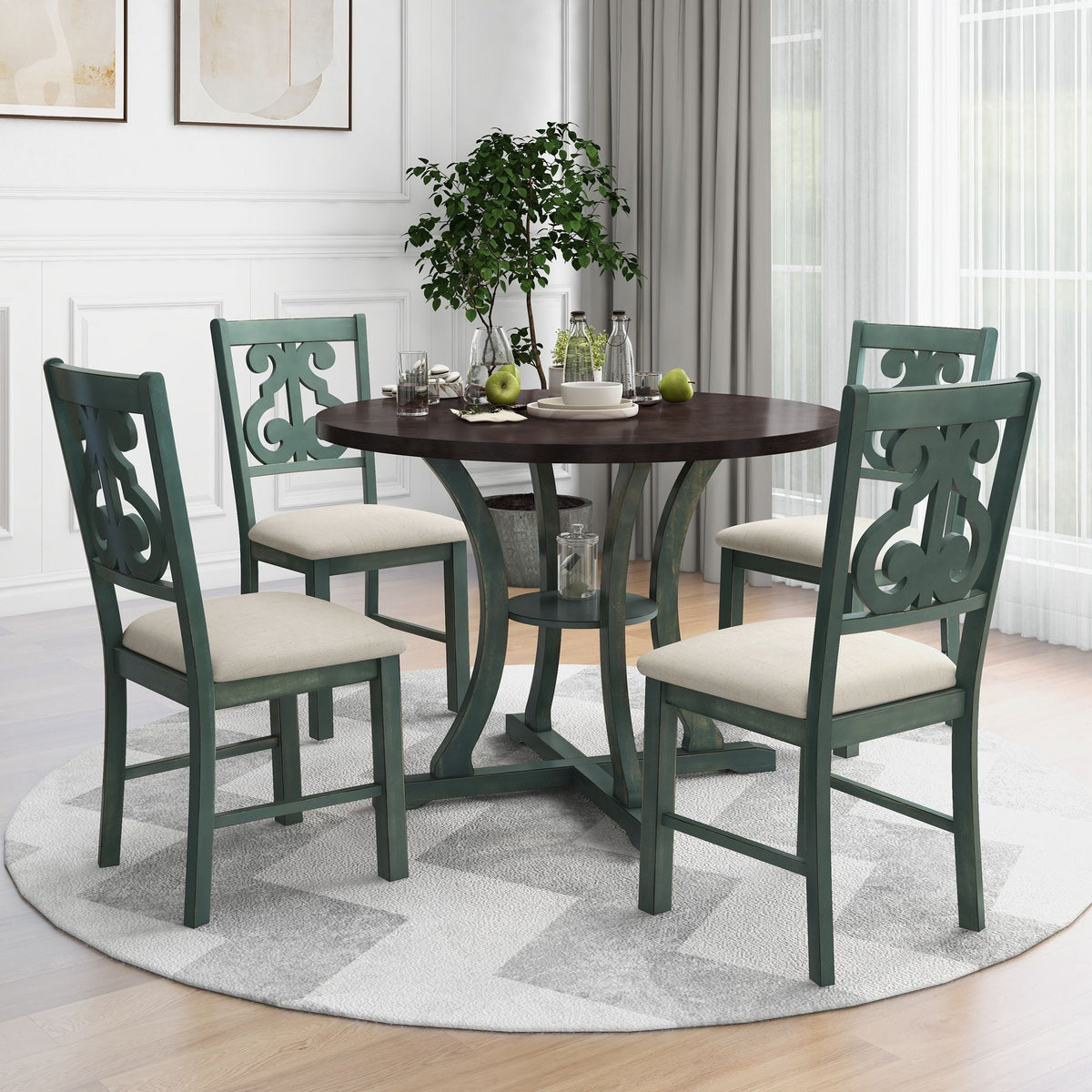 5 Piece Round Dining Table And Chair Set With Unique Legs And Hollow Chair Back