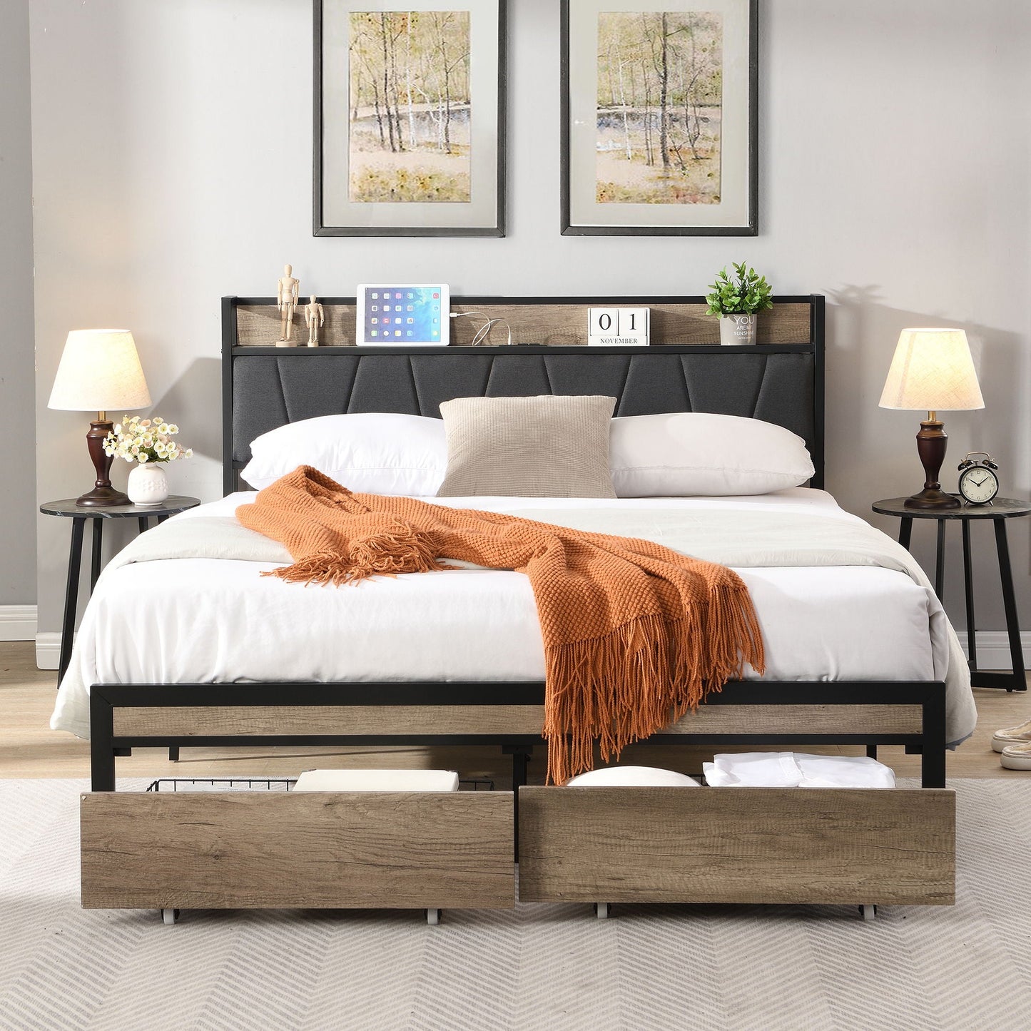 Modern Bed Frame With LED Lights, Upholstered Headboard, USB Charging
