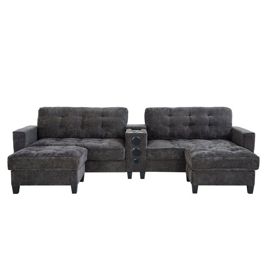 Modern Sectional Sofa U-Shaped With Movable Ottomans, tooth Speakers, LED Lights And Modular Storage