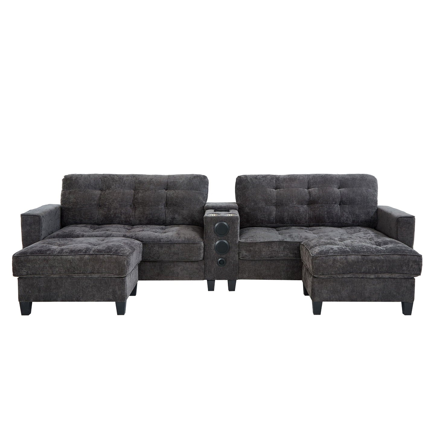 Modern Sectional Sofa U-Shaped With Movable Ottomans, tooth Speakers, LED Lights And Modular Storage