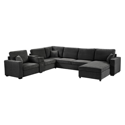 Modular 5 Seat U-Shape Sectional Sofa With Chaise Lounge, Built In Cup Holders And Storage Drawer