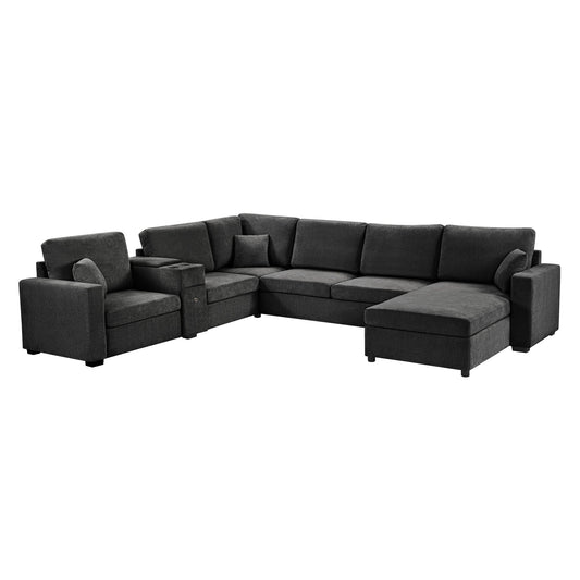 Modular 5 Seat U-Shape Sectional Sofa With Chaise Lounge, Built In Cup Holders And Storage Drawer