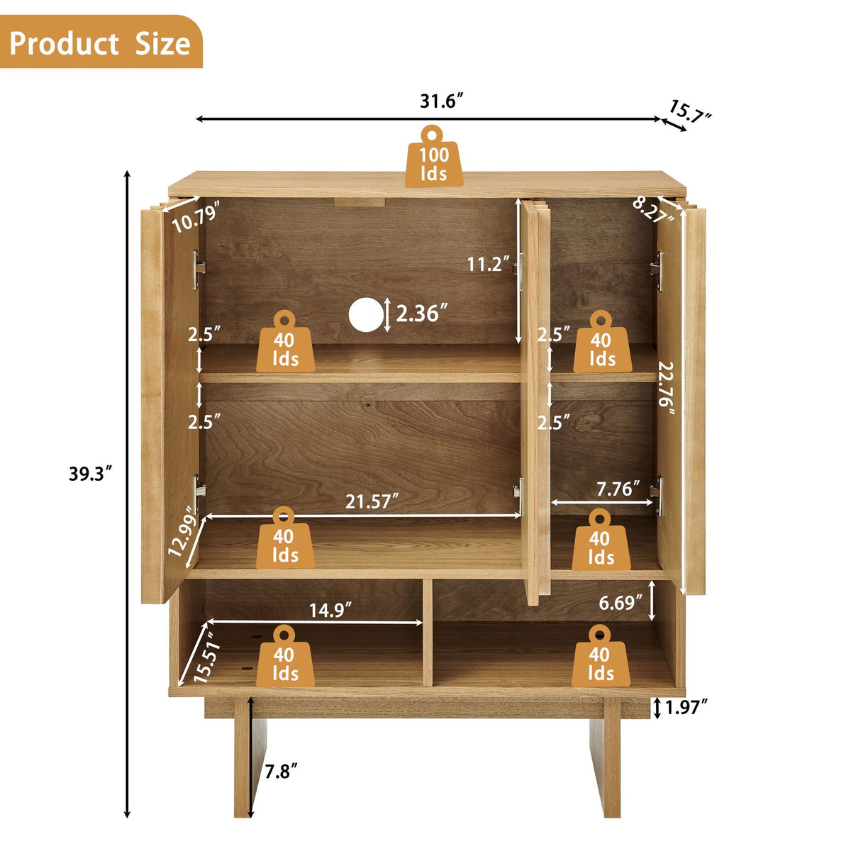 Sideboard Buffet Cabinet With Grille Slat Design With 3 Doors And Adjustable Shelves
