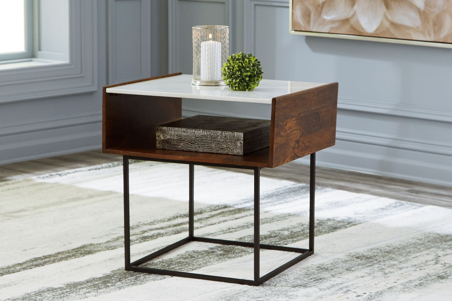 Rusitori - Rectangular End Table - Brown / Beige / White