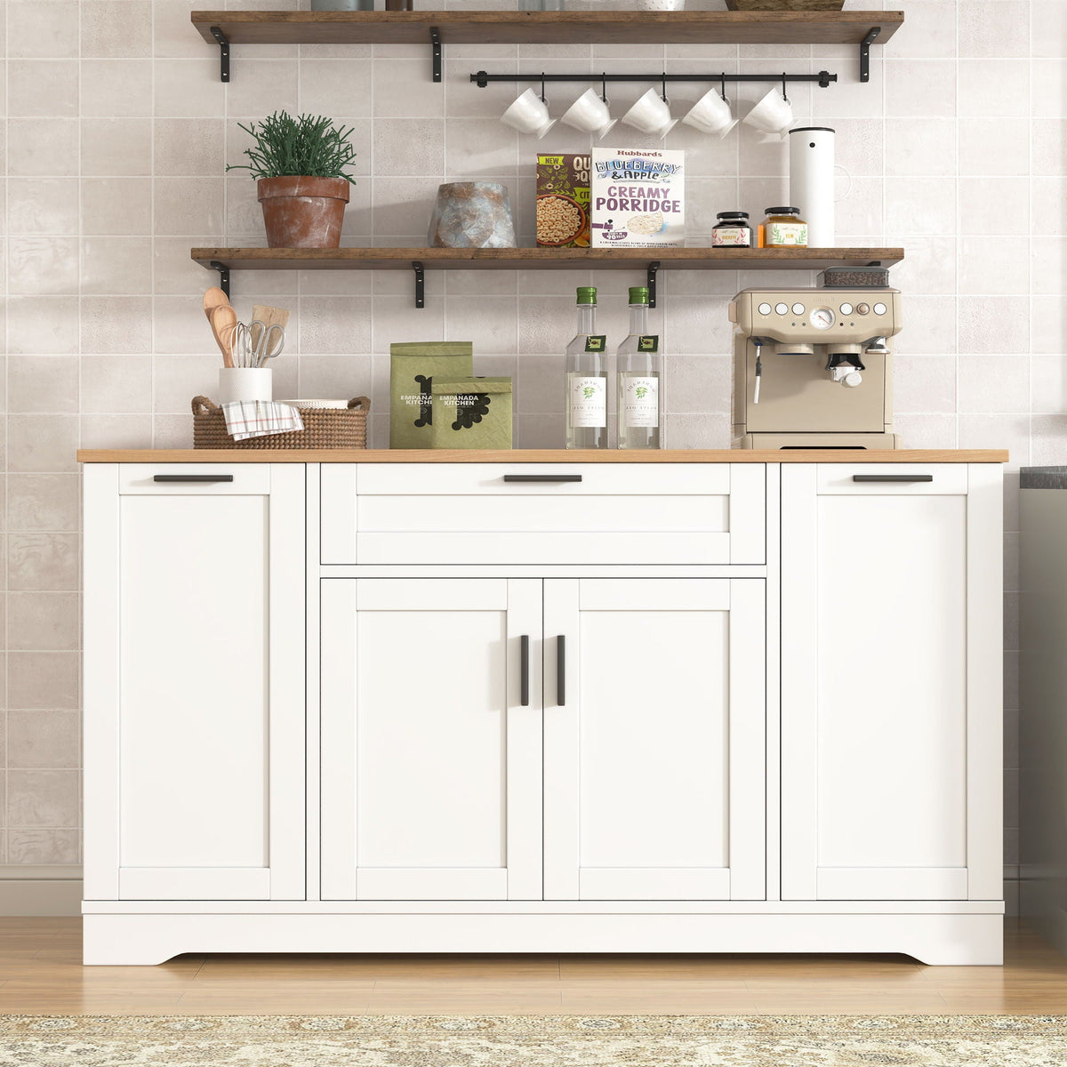 Sideboard With Extendable Table, Adjustable Shelves, 3 Tier Pull Out Rack - White