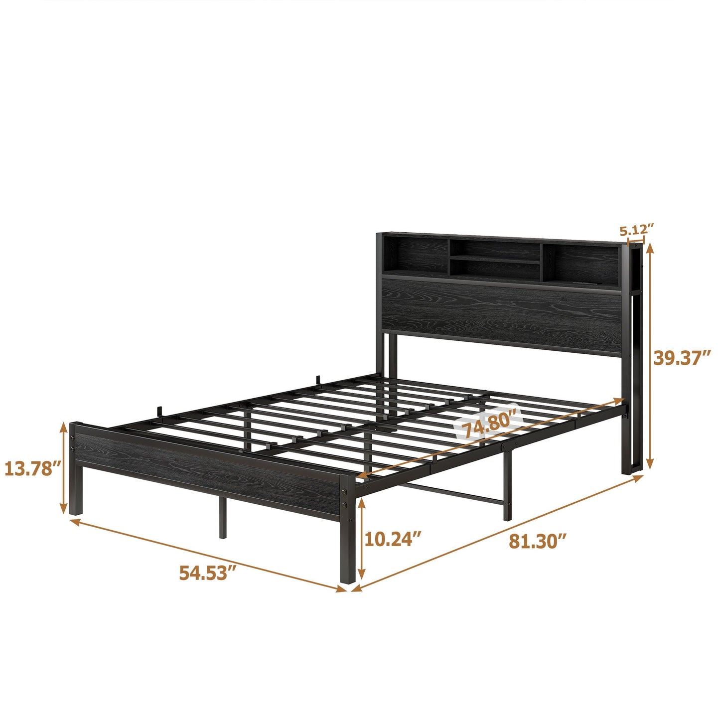 Modern Metal Platform Bed Frame With Storage Headboard And Charging Station