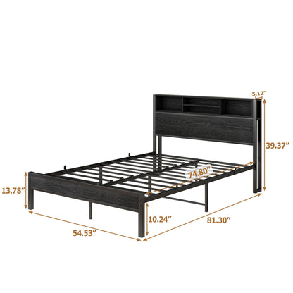 Modern Metal Platform Bed Frame With Storage Headboard And Charging Station