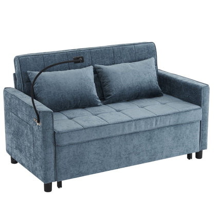 Pull-Out Sleeper Sofa With Reversible Backrest Cushion, Side Pockets, 2 USB Ports And A Phone Holder For Living Room