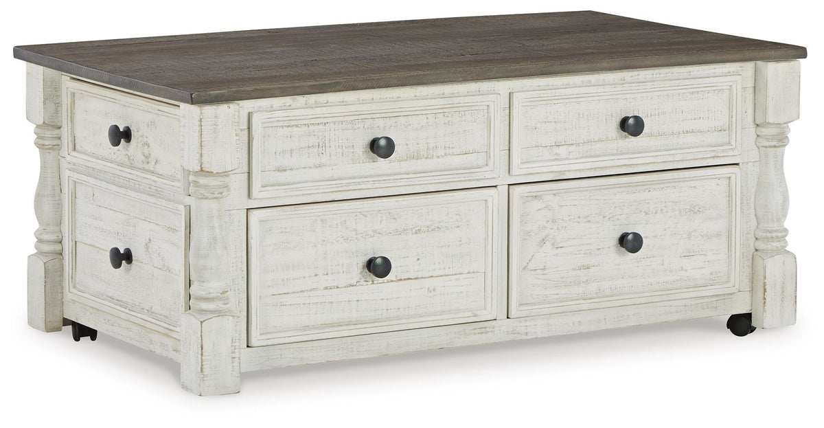 Havalance - Lift Top Cocktail Table with Storage Drawers - White / Gray