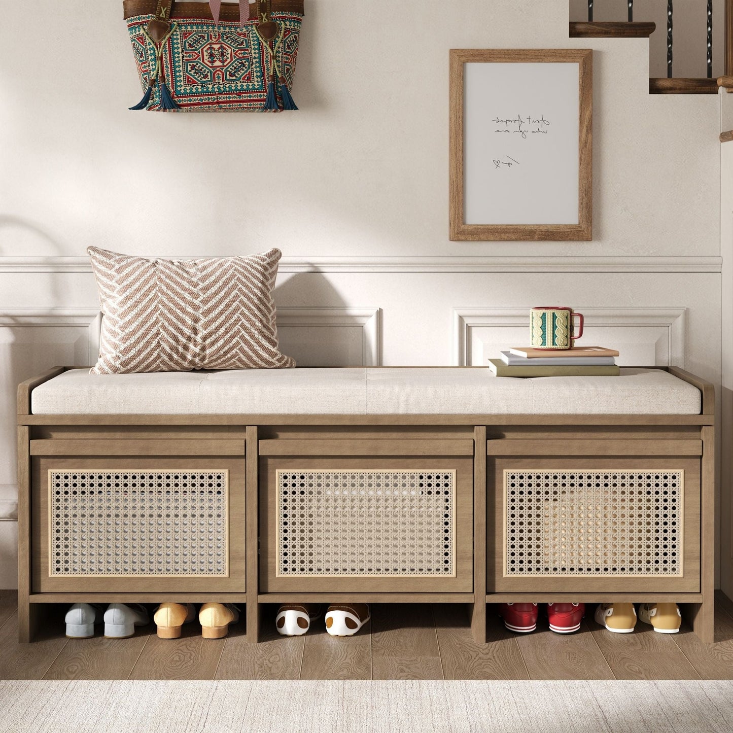 Entryway Shoe Bench With Drawers & Button Tufted Cushion