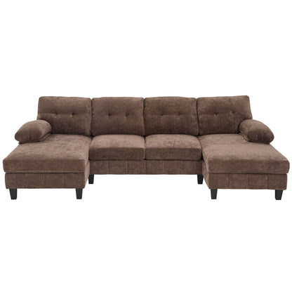 U-Shaped Sectional Sofa 103.5" Black Chenille Fabric Couch With Dual Chaise Lounges, Storage Pockets, Armrest Pillows