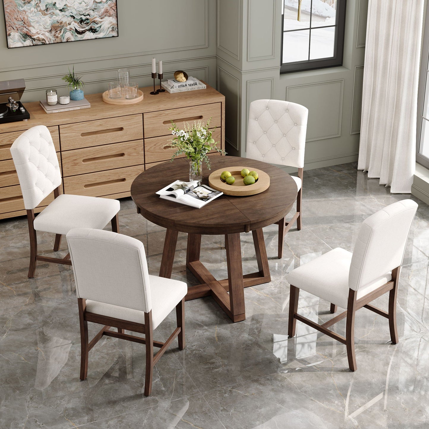 Dining Set With Leaf Round Table And 4 Upholstered Chairs