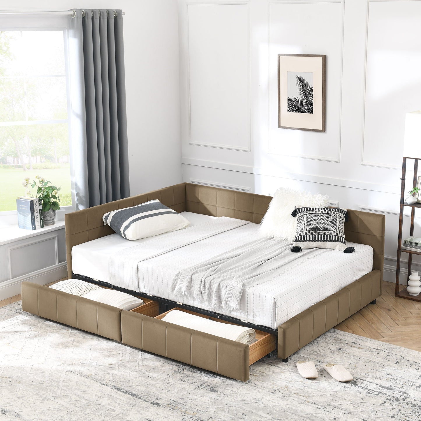Storage Upholstered Tufted Bed Frame With Backrest And Armrests